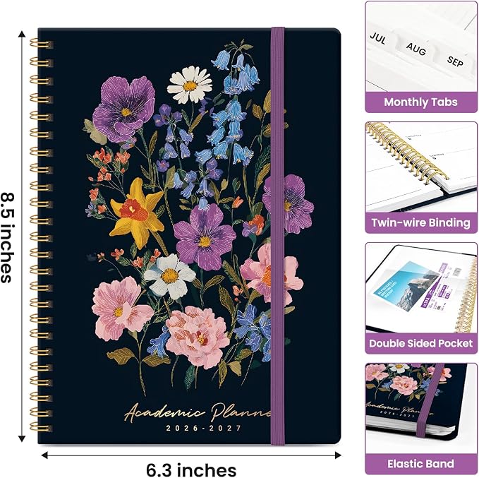 Taja Planner 2026-2027, Jul 2026-Jun 2027 Monthly & Weekly Calendar Planner | 6.3" x 8.5", Hardcover Academic Calendar, Teacher Student Agenda Book with Tabs, School Office Supplies, Bold Bouquet