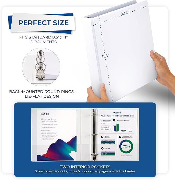 Samsill 1.5 Inch 3 Ring Binder, Economy Round Ring, Clear View Cover, 325 Sheet Capacity - for School, Home, Office - White