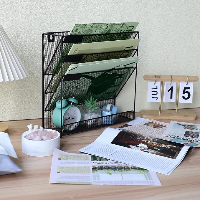 3 Pockets Mesh Wall File Holder Organizer with Bottom Flat Tray, Office Hanging File Folder Magazine Rack, Nametag Label Hooks Set Included, Black