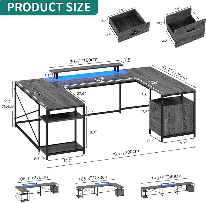 YITAHOME U Shaped Desk with Power Outlets & LED Lights, 79" Reversible L Shaped Desk with Drawers, Corner Computer Desk Office Desks with Monitor Stand & Storage Shelves, Grey