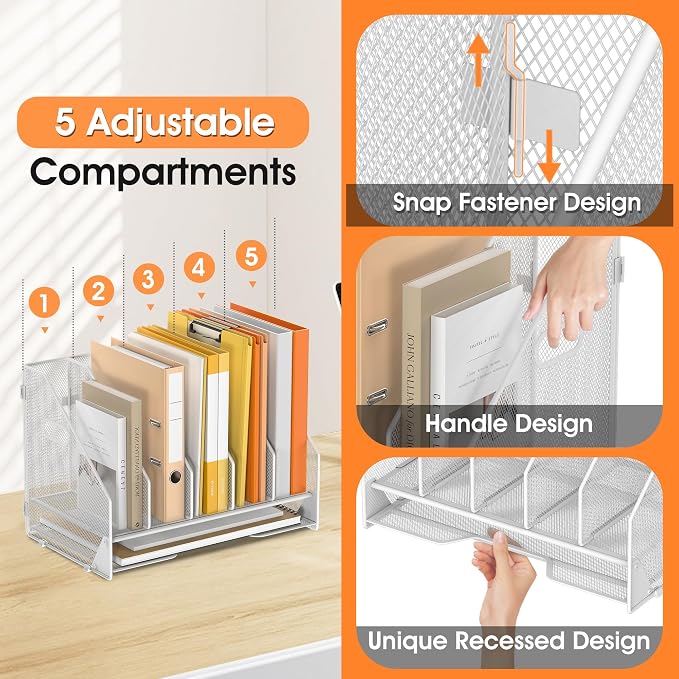 5 Vertical Mesh Desk Organizer with Paper Letter Tray, White | Sorting racks with lower letter tray section. Multipurpose mesh desktop space saver for home office and school