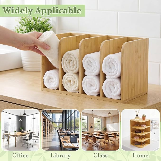 Novabright 4-slot Bamboo Wooden Magazine File Holder Desk Organizer, 4 Vertical Compartments Workspace Sorters for Magazines, Binders, Notebooks, Envelopes
