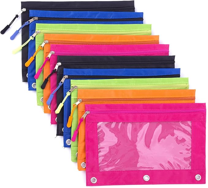 Pencil Pouch for 3 Ring Binder, Large Pencil Case with Clear Window, Metal Zipper Binder Pencil Pouches Fit Standard Binders, Durable Organizer for Office School Supplies 10Pack