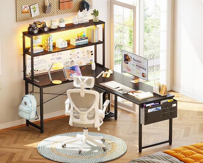 AODK L Shaped Desk Gaming Desk with LED Light & Power Outlet | 61 Inch Black Reversible L Shaped Computer Table with Shelf & Storage Bag & Hook for Home Office