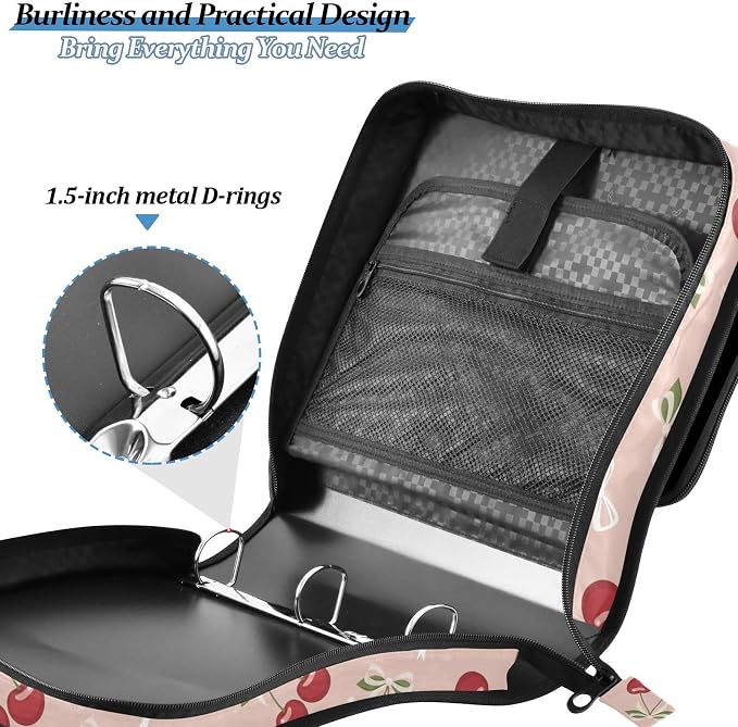 Cherries Bows Pink Pattern 3 Ring Zipper Binder with Shoulder Strap & Handle 1.5 Inch D-Ring Zippered Bag with Pencil Pouch, Expanding File Folder, Binder Organizer for School or Office