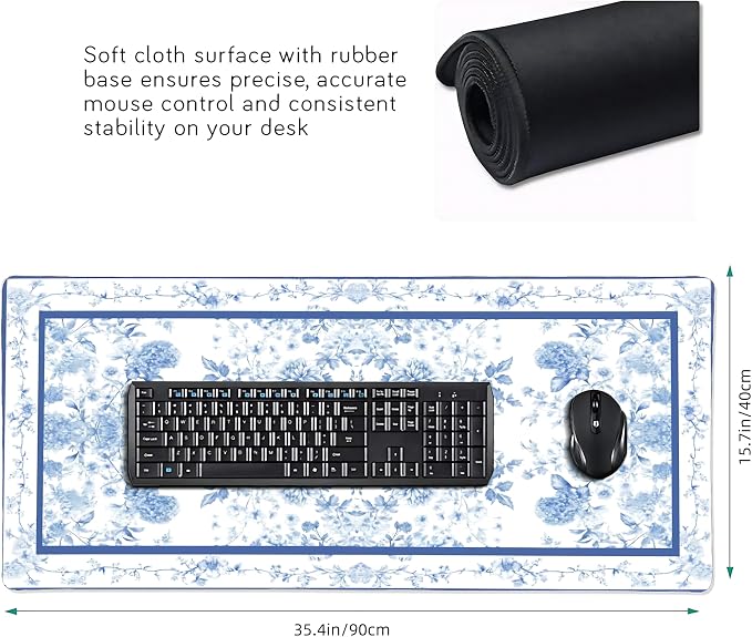 Floral Aesthetic Dahlia Gaming Mouse Pad, White Blue Rug Desk Mat with Anti-Slip Base & Stitched Edges,35.4" x 15.7" in Desk Accessories for Women, Home Office Decor & Artistic Gift