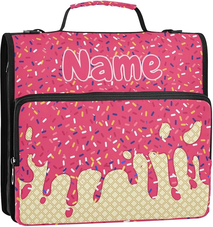 Custom Red Ice Cream Print 3 Ring Binder Bag 1.5 inch Personalized Name Binder Organizer 500 Sheet Documents Storage for School Office