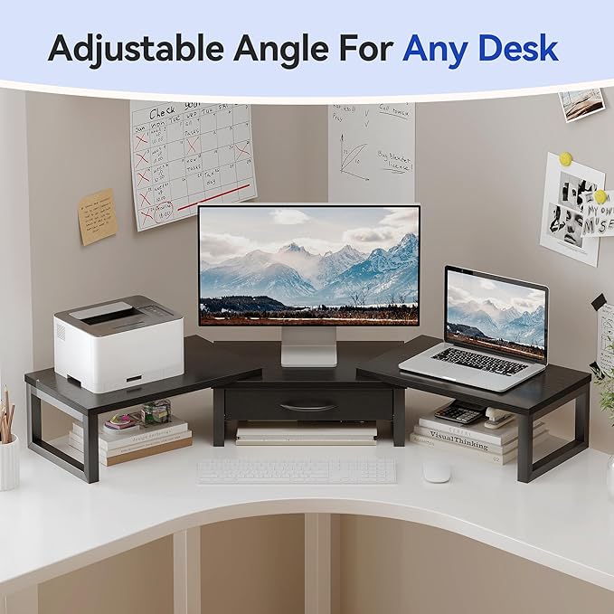 Dual Monitor Stand Riser, Desk Organizers and Accessories with Drawer, Computer Monitor Stands for Desk, Adjustable Desktop Shelf for PC Laptop Printer TV, Black