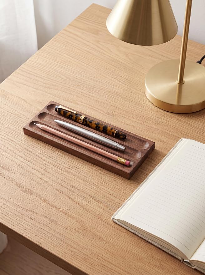 Horizontal Pen Holder For Desk,Pen Tray,Wood Desk Pen Holder,Desk Top Pen Display,Teacher Gifts,Suitable For School,Home,Office Desktop Art Accessories (Walnut-3 Grid)