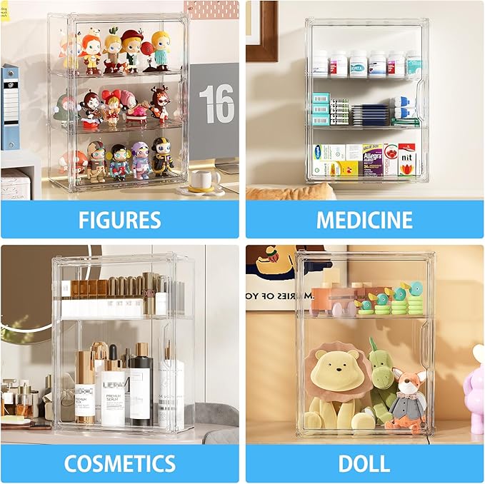 JOYZAN Acrylic Display Case for Collectibles, 2 Packs 3 Tiers Clear Display Case for Figures, Wall-Mounted Storage Box with Magnetic Door, Adjustable Figurine Display Shelf Dust-Proof Showcase