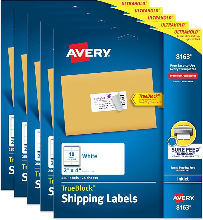 Avery TrueBlock Printable Shipping Labels with Sure Feed, 2" x 4" Customizable Stickers, White, 1,250 Blank Mailing Labels Total (5-Pack of 8163)