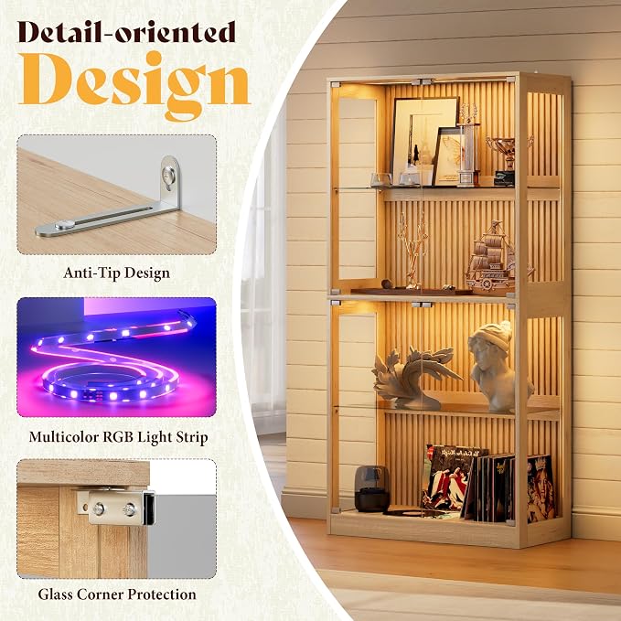 AMERLIFE 32-Inch RGB Display Cabinet with Glass Shelves | 70 H x 32 W x 16 D In, 4-Tier Storage, RGB LED Lights, Press-to-Open Doors, for Collectibles, Wood-Grain Slatted Finish
