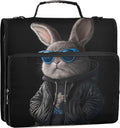 3 Ring Zipper Binder Cool Bunny Binder Organizer Portfolio with File and Shoulder Strap & Handle Large Capacity File Folder