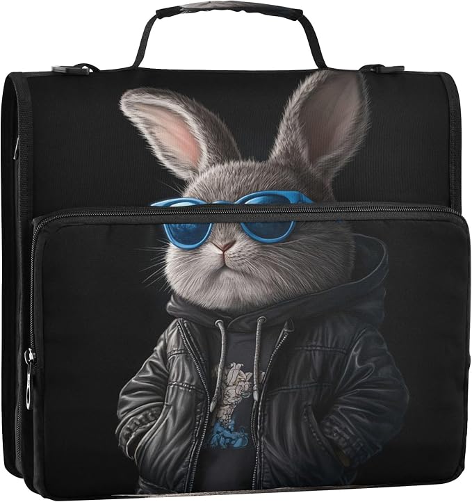 3 Ring Zipper Binder Cool Bunny Binder Organizer Portfolio with File and Shoulder Strap & Handle Large Capacity File Folder
