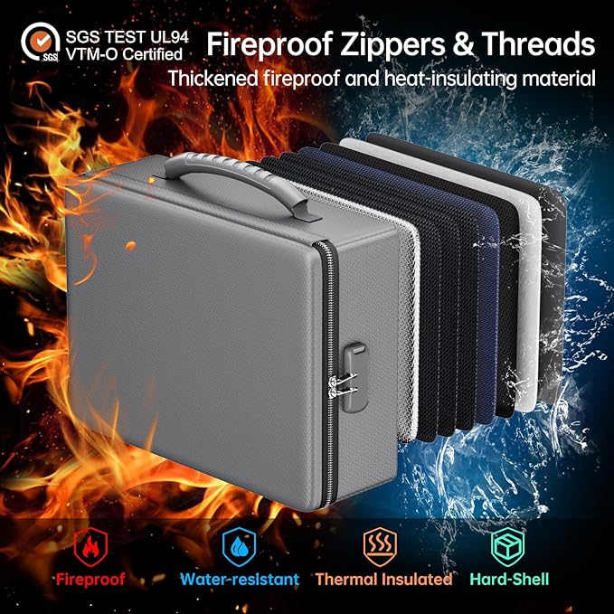 ENGPOW Fireproof Document Box, Hard Case File Box with Fireproof Zipper＆Lock, 6400°F Heat Insulated Fire and Water Resistant File Organizer Storage Safe for Important Documents Laptop Cash, Gray