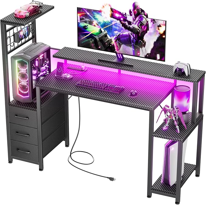Korfile 48" Gaming Desk with Power Outlet, LED, Drawers, Carbon Fiber Black | Reversible，Computer Desk, Gamer Table, with Fabric Drawers & Side Hook, with Monitor Stand, for Game Room, Home Office