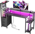 Korfile 48" Gaming Desk with Power Outlet, LED, Drawers, Carbon Fiber Black | Reversible，Computer Desk, Gamer Table, with Fabric Drawers & Side Hook, with Monitor Stand, for Game Room, Home Office