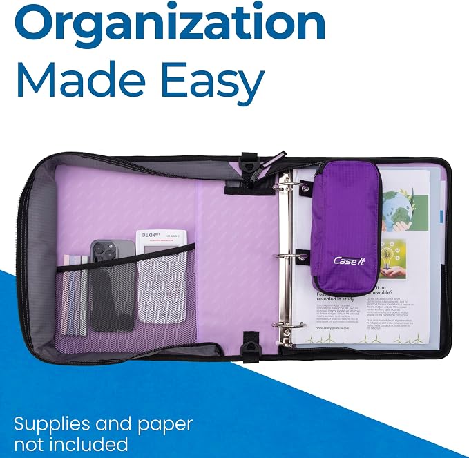 Case-it School Zipper Binder | 2-Inch O-Rings | 350-Sheet | D-251 Lavender | Classic, Multiple Storage Pockets, Shoulder Strap, School & Office Organizer, 6-Pack