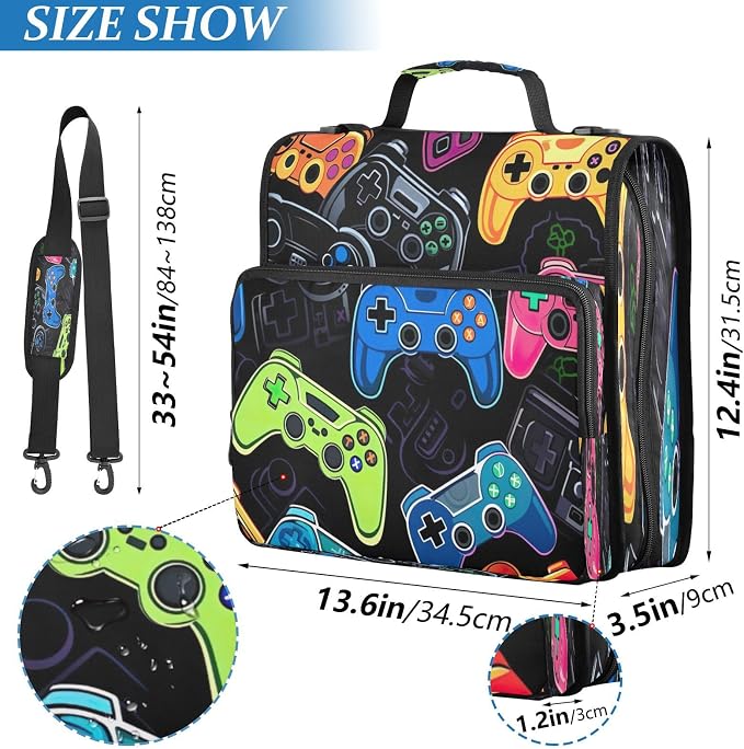 ATTX Colorful Video Game Controllers Zipper Binder with Adjustable Padded Strap - 3 Ring 500 Sheet Capacity Binder Bag with Multi-Pocket Organizer, Fits 12 Inch Laptop#252