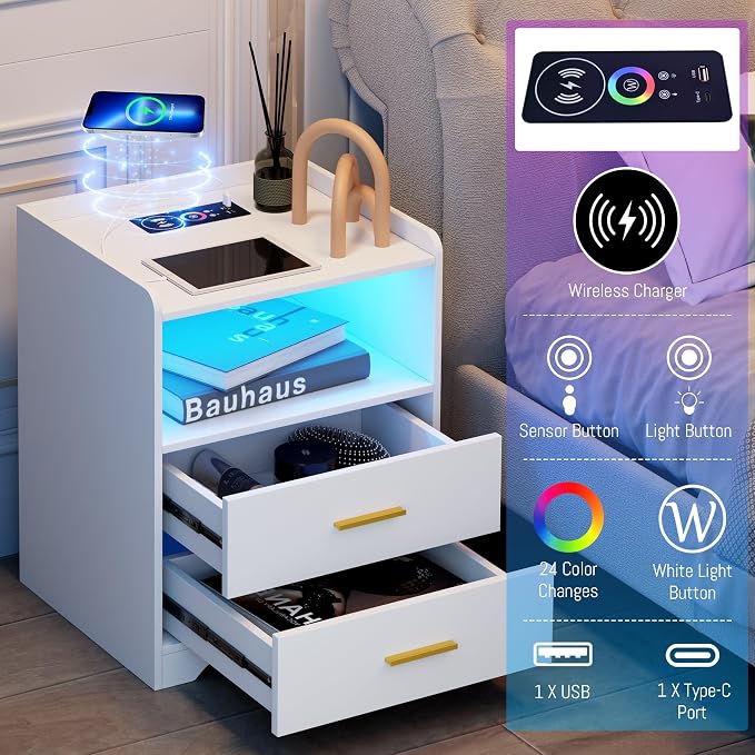 dnbss RGB Nightstand with Charging Station, Smart Bedside Table, White | LED Night Stand, 2 Drawers, 1 Compartment, Human Body Sensor, Modern End Side Table for Bedroom Living Room Office Storage