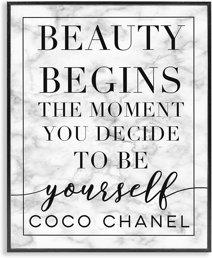 Stupell Industries Beauty Begins Once You Decide to Be Yourself White Marble Typography Wall Art, 24x30, Black