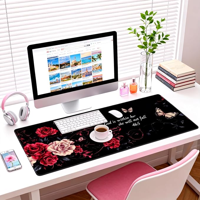 Floral Aesthetic Rose Gaming Mouse Pad, Black Red Gothic Desk Mat with Anti-Slip Base & Stitched Edges, Office & Home Desk Decor for Women, 35.4" x 15.7" in Computer Desktop Mat