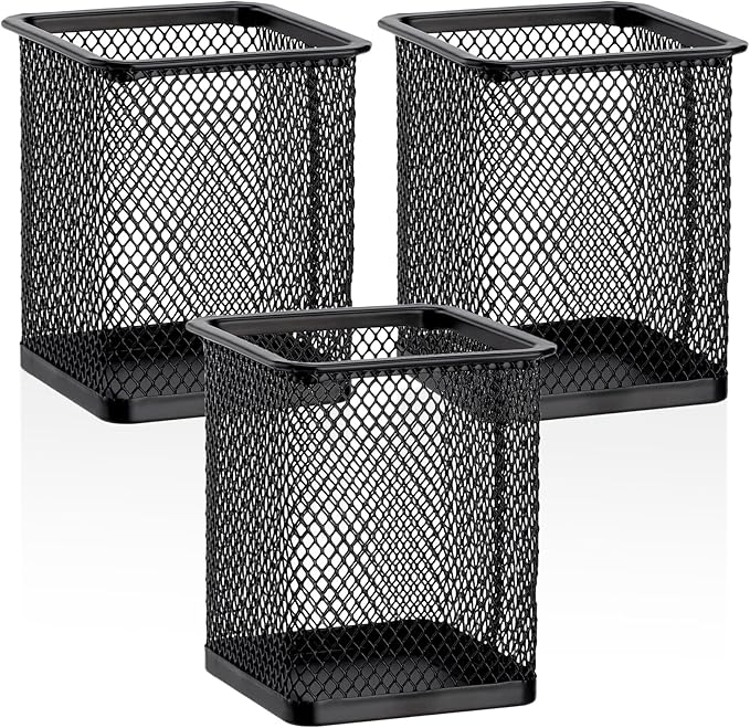 Segarty Square Pen Holder, 3 Pack Black Pen Holder for Desk, Metal Mesh Pencil Cup Container Desktop Accessories Organizer for Office, School, Home, Makeup Brush
