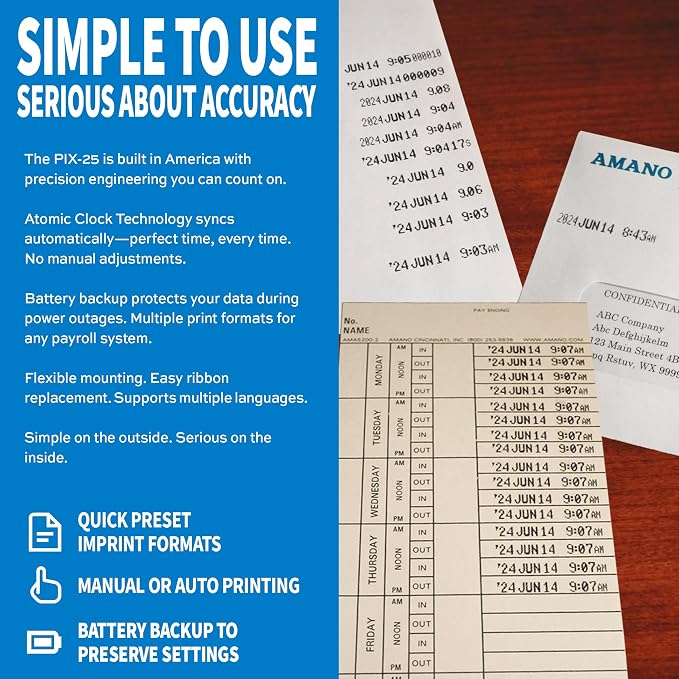 Amano PIX-25 Automatic Date & Time Stamp Machine, Digital Document Stamper for Office, WWVB Atomic Signal Synchronization, Electronic Employee Clock, Made in USA