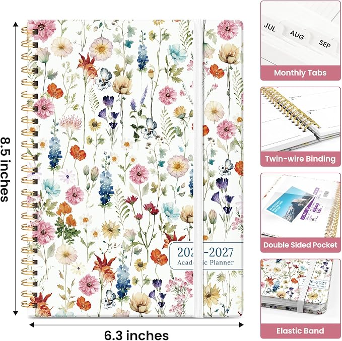 Taja Planner 2026-2027, Jul 2026-Jun 2027 Monthly & Weekly Calendar Planner | 6.3" x 8.5", Hardcover Academic Calendar, Teacher Student Agenda Book with Tabs, School Office Supplies, Wildflowers