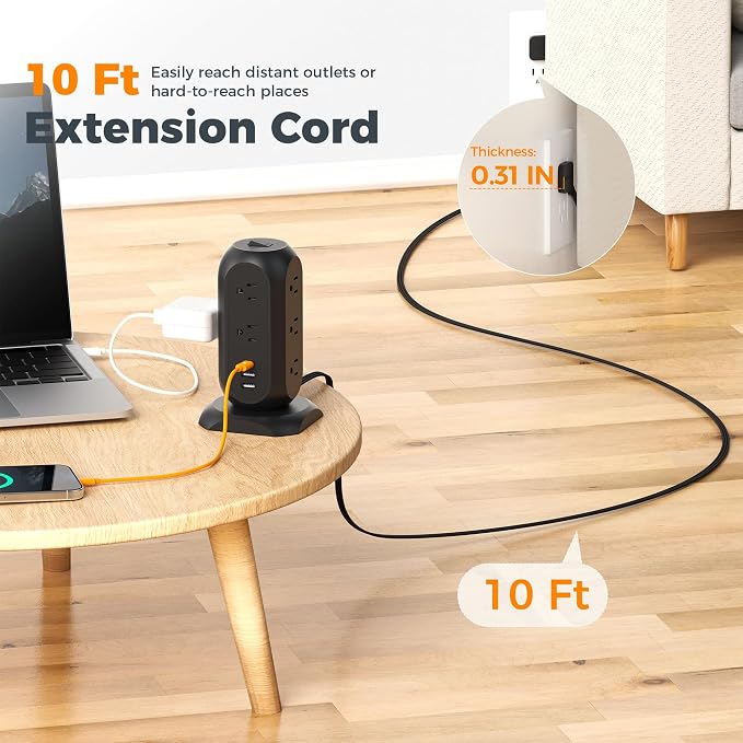TESSAN Tower Power Strip Flat Plug with 1050J Protection, 10 Ft, Black | 11 Outlets 3 USB (1 USB C), Surge Protector Power Tower, Extension Cord with Multiple Outlets, Dorm, Office Desk Supplies