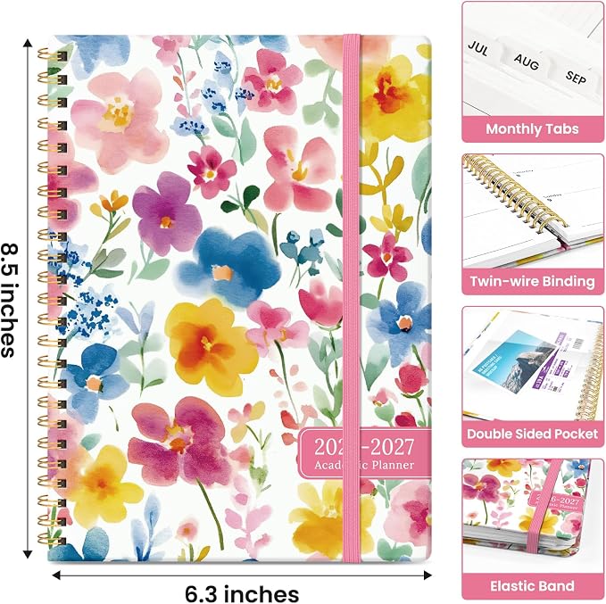 Taja Planner 2026-2027, Jul 2026-Jun 2027 Monthly & Weekly Calendar Planner | 6.3" x 8.5", Hardcover Academic Calendar, Teacher Student Agenda Book with Tabs, School Office Supplies, Bloom Floral