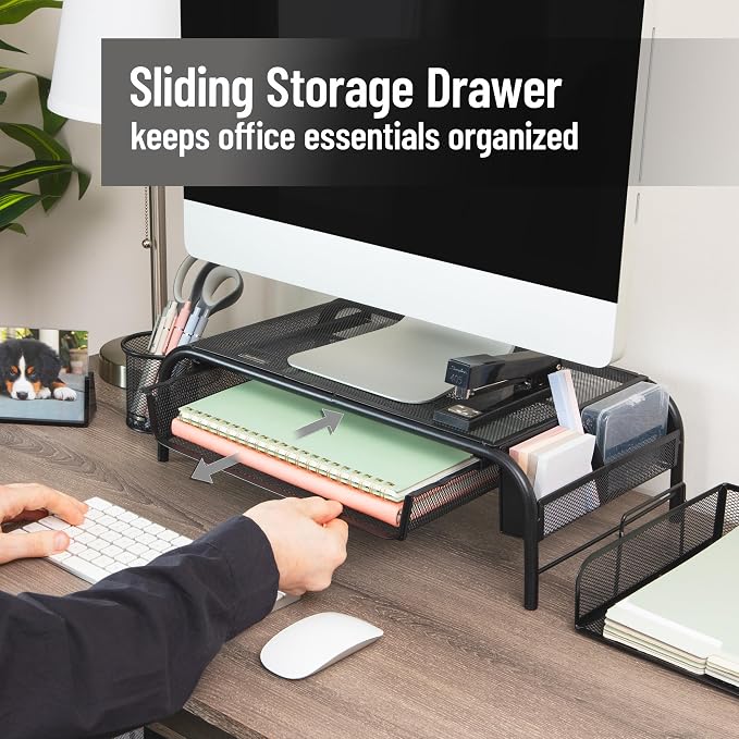 Mind Reader Monitor Stand, Ventilated Laptop Riser, Paper Tray, Office, Metal Mesh, Set of 2, Black