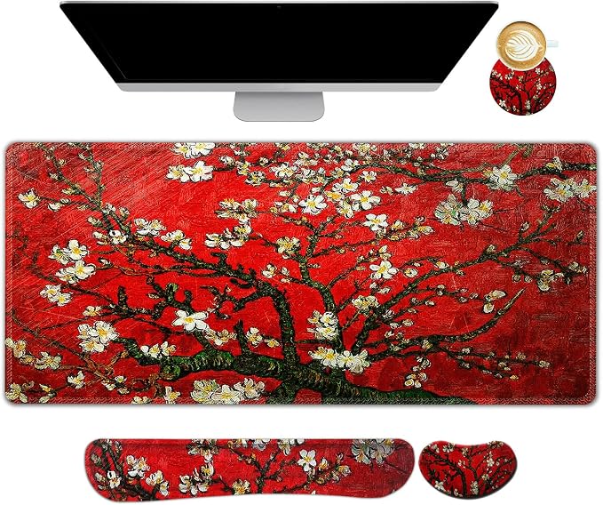 Large Gaming Mouse Pad, Keyboard Wrist Rest Pad & Wrist Support Mousepad Set, Stitched Edge, Extended, Non-Slip Base, Memory Foam Desk Mat 4pcs for Office & Home, Red Van Gogh Painting