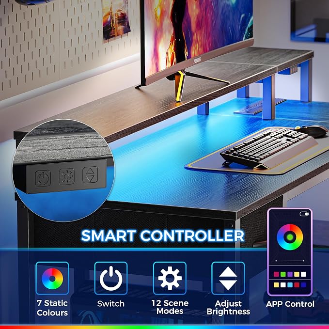 SUPERJARE 47 inch Reversible L Shaped Desk with LED Lights & Power Outlets, Computer Desk with Shelves & Monitor Stand, Gaming Desk with Drawer, Home Office Desk Corner Desk, Grey