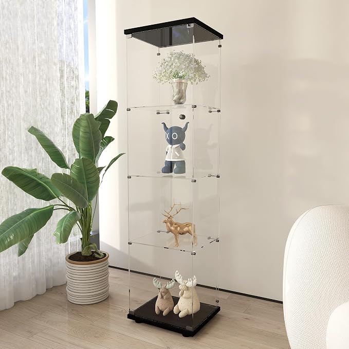 Frameless Glass Display Cabinet, Curio Cabinet with Lock and Glass Door, Floor Standing Showcase Display Shelf for Collectibles, Legos, Figures, Plants