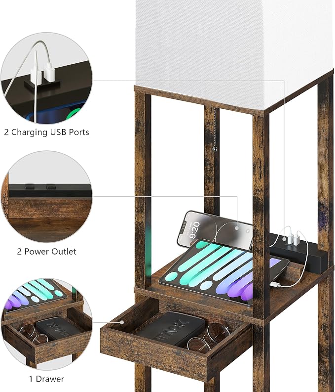 SUNMORY Floor Lamp with Shelves, Modern Dimmable Standing Lamp with Drawer & 2 USB Ports & 2 Power Outlet, Corner Tall Shelf Lamp for Living Room and Bedroom (Rustic Browm) | 1 Drawer & 2 USB Ports & 2 Power Outlet, 3 CTT Bulb, Modern Dimmable Standing...