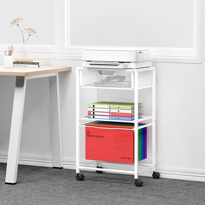 Cawukege 3 Tier Printer Stand, Small Mobile Table with Wheels, Printer Shelf Rolling Cart with Storage Desk Organizer Hanging File for Office Home, White