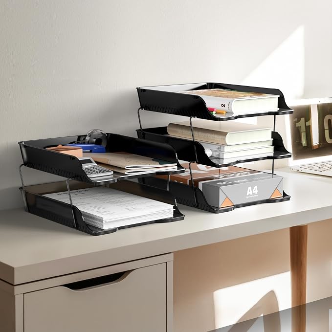 Simple Houseware 2-Tier Stackable Paper Tray for Desk Organizer, Black | Desktop File Holder for A4/Letter Size Documents, File Sorter, Paper Holder, Office File & Accessories Storage