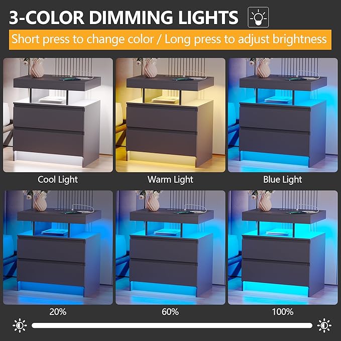 dnbss LED Nightstand with Charging Station, Smart Bedside Table, Grey | Modern Night Stand, Floating Desktop, 2 Drawers, 1 Compartment, Human Body Sensor, for Bedroom Living Room Office Storage