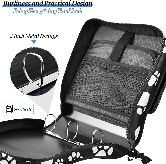 Custom White Black Paws Print 3 Ring Binder Bag 1.5 inch Personalized Name Binder Organizer 500 Sheet Documents Storage for School Office
