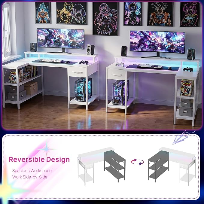 Alpen Gaming Desk, 47 Inch L Shaped Desk with LED Lights, Charging Ports, Corner Desk Reversible Gaming Computer Desk with Shelves Drawer Monitor Stand for Home Office,White