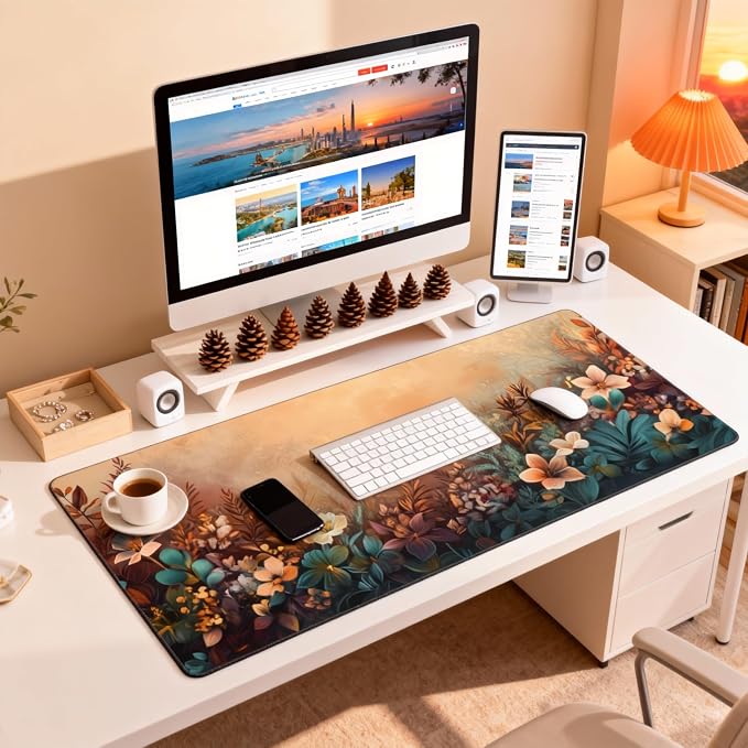 Floral Aesthetic Azalea Gaming Mouse Pad, Earth Tone Dreamy Desk Mat with Anti-Slip Base & Stitched Edges, Office Supplies & Desk Decor for Women, 35.4" x 15.7" in Home Office Essentials