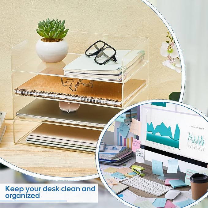 Harloon 4 Tier Paper Organizer Letter Tray Acrylic Desk File Organizer Heavy Duty Stackable Documents Clear Letter Paper Holder Sorter Office Tray for A4, Office Classroom Home File Pad Notebooks