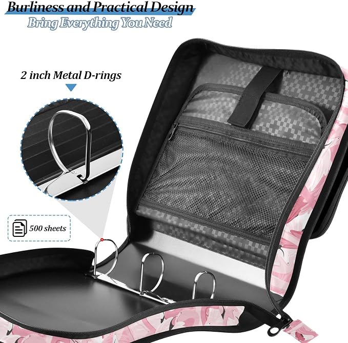 Pink Flamingo Print Zipper Binder Bag 3 Ring with Shoulder Strap & Handle Multi Pocket Binder Organizer Bag Large Capacity for School Office Supplies