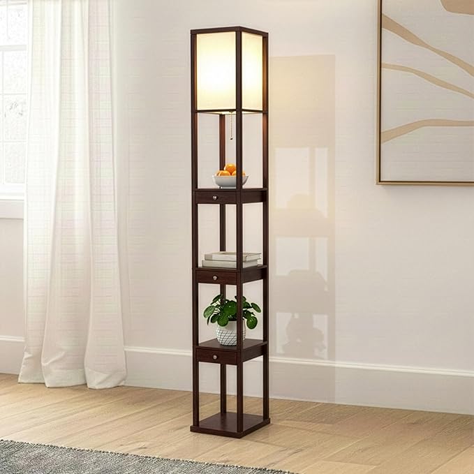 Brightech Maxwell Drawer Edition - Modern Shelf Floor Lamp with Drawer - Corner Display Floor Lamps with Shelves for Living Room, Bedroom and Office - Havana Brown