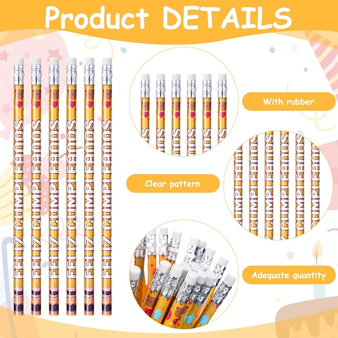 Tenceur 100 Pcs Feliz Cumpleanos Pencils Spanish Happy Birthday Pencils with Top Erasers Writing Materials Gifts for Birthday Party Supplies Reward Favors