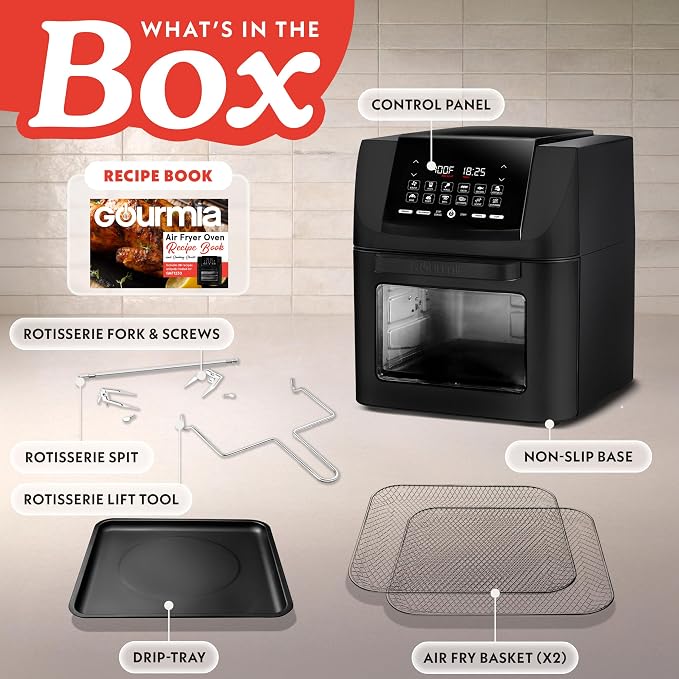 Gourmia Air Fryer - 14 Qt All-in-One Oven with Rotisserie, Digital Display with 12 Presets, Roast, Bake, Broil, Dehydrate, Dishwasher Safe Accessories, Black