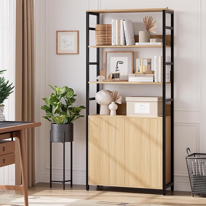 Garvee 71" Tall Bookshelf with Doors and Adjustable Shelf, Natural | Industrial Display Standing Shelf Rack with 3-Tier Shelves, Bookcase with Protective Rails for Living Room, Office