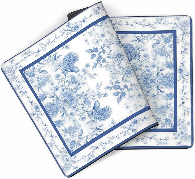 Floral Aesthetic Dahlia Gaming Mouse Pad, White Blue Rug Desk Mat with Anti-Slip Base & Stitched Edges,35.4" x 15.7" in Desk Accessories for Women, Home Office Decor & Artistic Gift