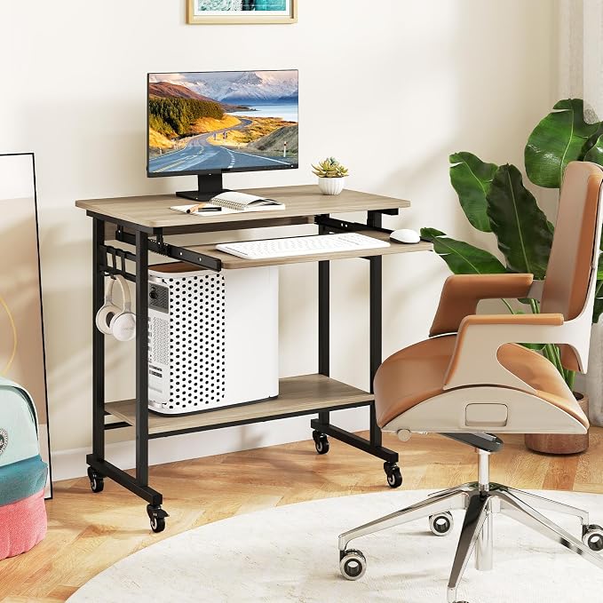 GIANTEX Rolling Computer Desk, Mobile Desk with Keyboard Tray & Wheels, Portable Laptop PC Table Cart with Shelf & Hooks, Small Desk for Small Spaces, Bedroom, Apartment (Grey Oak)